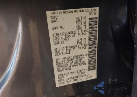 2019 Nissan Titan Xd Sv Diesel из США, поврежденный, VIN 1N6BA1F47KN519779